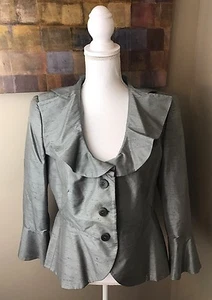 ARMANI COLLEZIONI 12 Luxury Raw 100% Silk RUFFLES Sage Green Women's blazer  - Picture 1 of 10