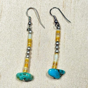 Southwestern Long Dangle Heishi Shell Beads & Genuine Turquoise Nuggets - Picture 1 of 3