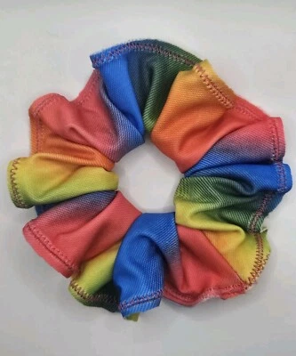 COLORFUL RAINBOW SCRUNCHIE NEW HAIR TIE SHINY SPANDEX LARGE HANDMADE  - Image 1 of 3