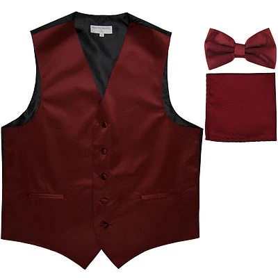 New Men's formal vest Tuxedo Waistcoat_bowtie & hankie set Burgundy wedding - Image 1 of 4