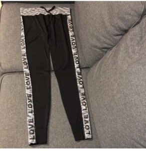 Soho Girls Stretchy Black Jogger Pants Grey “Love” Stripe Sz L/XL - Picture 1 of 9