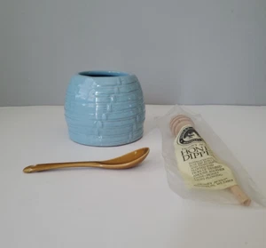 Frankoma 803 Light Blue Pottery Honey Pot Jar w Dipper and Brown Spoon - Picture 1 of 9