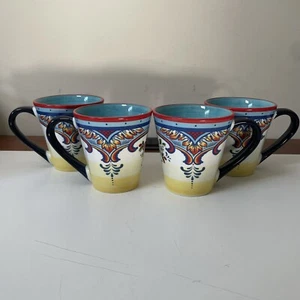 4pc Euro Ceramica Crafted Zanzibar Floral 14oz Coffee Mugs Cups Turquoise NWOT - Picture 1 of 7