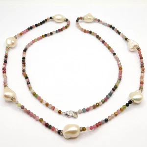 STUNNING FACETED TOURMALINE BAROQUE PEARL BEADED NECKLACE - Picture 1 of 7