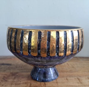 Vintage MCM Seta Bitossi Aldo Londi Blue & Gold Mid Century Pedestal Vase Bowl - Picture 1 of 7