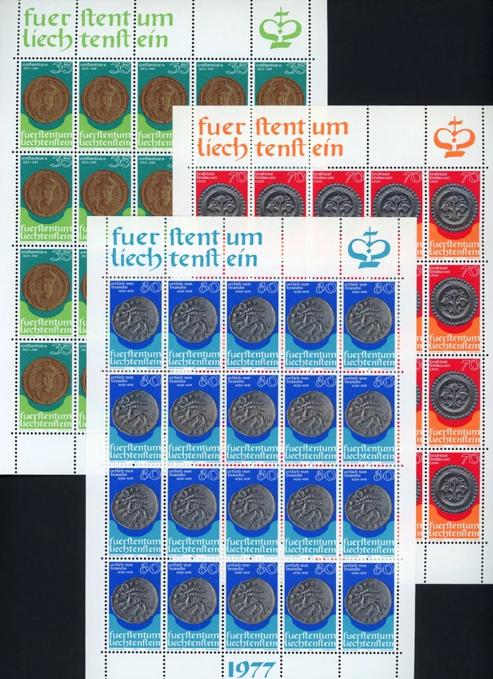Liechtenstein 1977 Coins Scott# 621-623 Full Sheets Mint VF OG Never Hinged Gem - Image 1 of 1