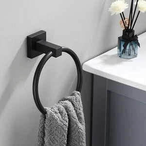 Bathroom Wall Mounted Towel Ring Stainless Steel Round Hand Towel Holder Black - Picture 1 of 8