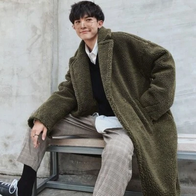 Men's Sherpa Overcoat Shearling Fleece Outwear Trench Coat Winter Jacket Lapel - Image 1 of 4