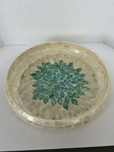 Mother of Pearl Turquoise Blue and White Lacquered 14" Round Tray Bowl Beachy - Picture 1 of 10