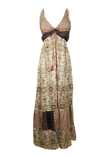 Womens Fall Maxi Dress, Silk Strap Dresses, Beige Boho Beach Maxi Hippy S/M