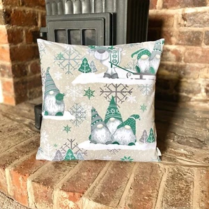1156. Christmas Dwarfs in Green on beige 100% Cotton Cushion Cover Various sizes - Picture 1 of 6