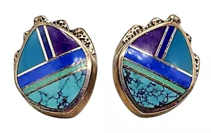 Coppia orecchini Navajo donna vintage BARNEY argento sterling/turchese/lapislazzuli - Foto 1 di 4
