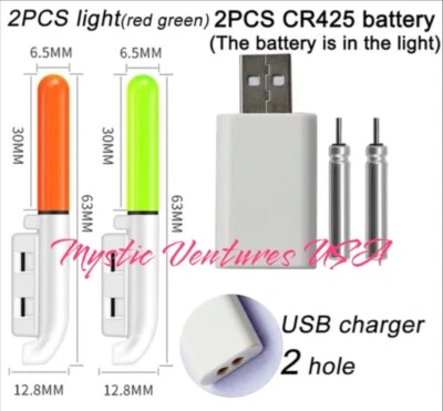 2pk LED Fishing Night Light Rechargeable Battery W/Charger Waterproof Rod Tip - Image 1 of 4