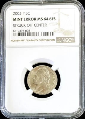 2003 P US JEFFERSON NICKEL STRUCK OFF CENTER MINT ERROR COIN NGC MS 64 FS - Image 1 of 2