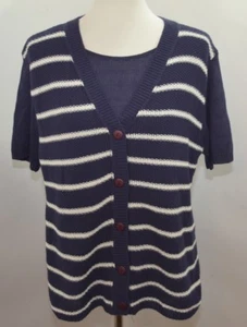 Suéter De Colección Azul Blanco Tejido a Rayas Manga Corta Con Botones Hecho en EE. UU. Para Mujer L - Imagen 1 de 9