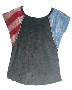 Camiseta BiBi Lentejuelas Bandera EE. UU. Mediana Estrellas Envejecidas Rayas Patriótica Nueva - Imagen 1 de 9