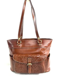 Patricia Nash Brown Leather Large Shoulder Bag Side Pockets Floral Embossed Pkt - Picture 1 of 11