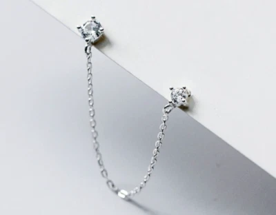 Silver Double CZ Stud Earring with Chain, Chained Studs, Dangle Chain Earrings - Image 1 of 4