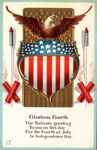 POSTCARD FOURTH OF JULY GLORIOUS FOURTH - EAGLE & FLAG EMBOSSED - Picture 1 of 2