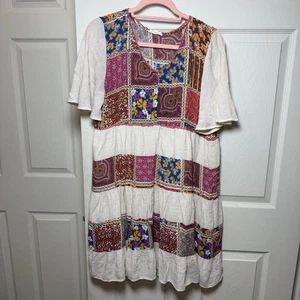 Oddy Women’s Dress Boho Festival Patchwork Floral Size L Short Sleeve - Picture 1 of 12
