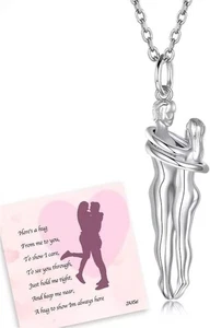 Hug Necklace 925 Sterling Silver Man and Woman Hugging - Picture 1 of 8