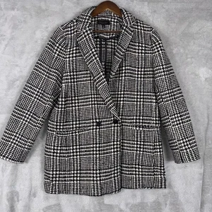 Talbots Women's Black & Off White Houndstooth Plaid Longer Coat Jacket Sz 14 - Picture 1 of 16