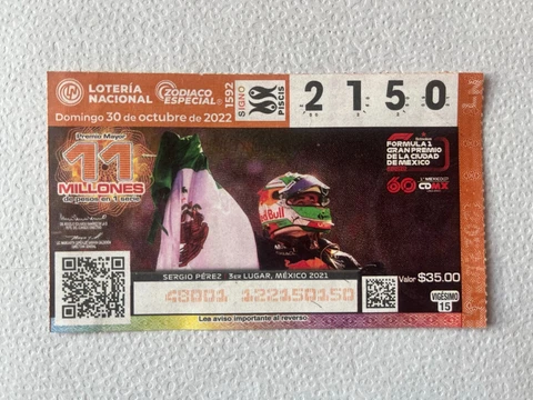 Mexican CHECHO PEREZ FORMULA 1 GRAND PRIX Lottery Ticket Paper Loteria Nacional Cover