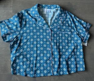 Pajama Shirt Button Down Short Sleeve Rayon Blue Purple Print Size XL Women's - Picture 1 of 5