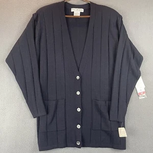 VTG JH Collectibles 100% Wool Cardigan Size M NWT Navy Blue V-Neck Eyelet Pocket - Picture 1 of 11
