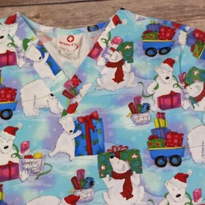 White Cross Small Christmas Scrub Top Polar Bears - Picture 1 of 5