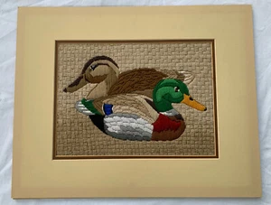 Vintage Handmade Matted Needlepoint Ducks Mallard Finished Wall Art 20x16" - Picture 1 of 7
