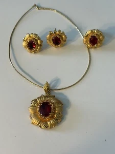 Gold Toned Floral Jewelry Set with Red Stones Necklace, Pierced Earrings, Ring - Picture 1 of 9