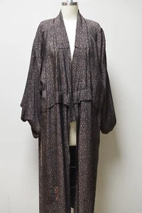 VINTAGE Japanese Kimono Haori Burgundy Gray Silk Rayon Ankle Length w/Patchwork - Picture 1 of 12