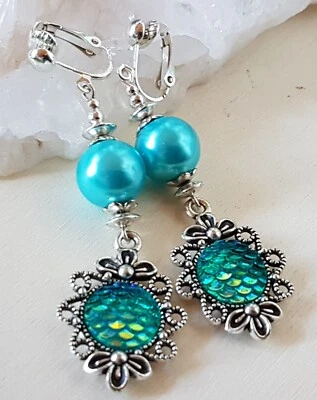 OHRCLIPS CLIPS VERSILBERT TÜRKIS PERLEN FISCHSCHUPPEN - Bild 1 von 2