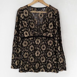 Karen Kane Top Medium Black Gold Floral Lace Sheer Long Sleeve Whimsygoth - Picture 1 of 7