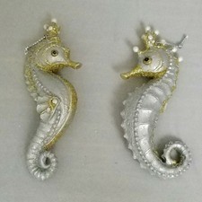 Seahorse 4.5" Resin Silver Gold Ornament Set 2 Ocean Beach Coastal Christmas