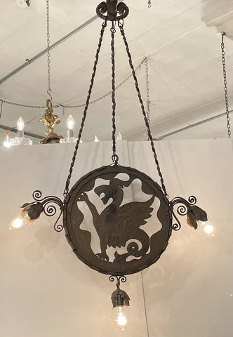 Circa 1905 Iron Gothic Revival Griffin Theme Three Light Ceiling Pendant Light Cover