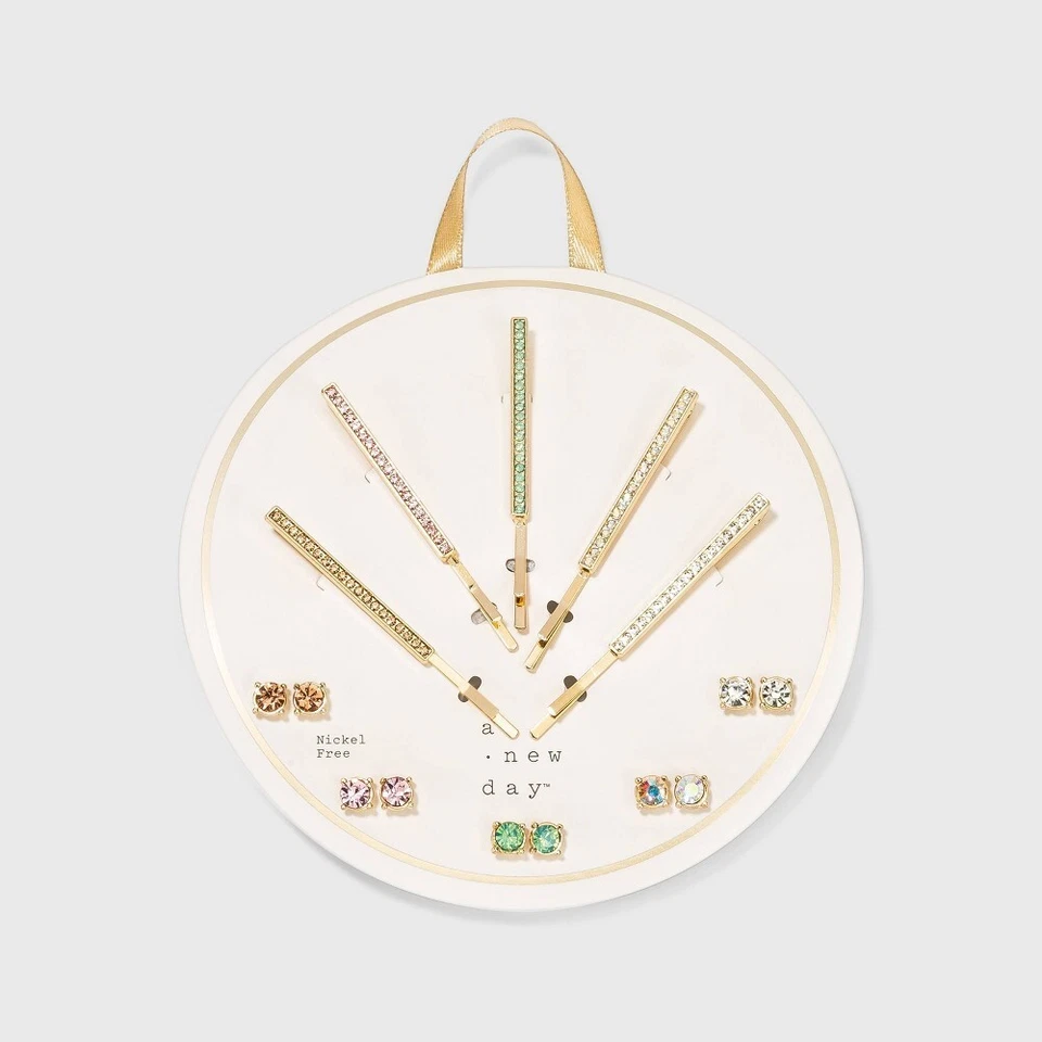 NUEVO JUEGO DE 10 piezas NUEVO CON ETIQUETAS BRILLANTES piedras preciosas Bobby Pin y pendientes a juego regalo para el cabello Foto 1 de 1