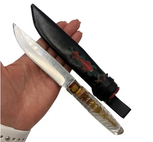 Raro coltello da cucina vintage sovietico fatto a mano con manico in acrilico e fodero in pelle - Foto 1 di 8