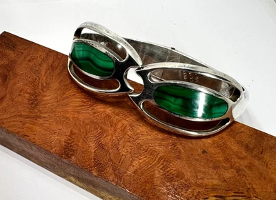 Pulsera pinza vintage Taxco México plata de ley 925 verde malaquita antigua Foto 1 de 4