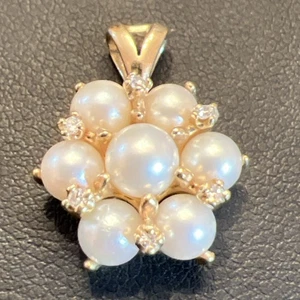 Vintage 14k Gelbgold Akoya Perle Diamant Blume Cluster Anhänger 3,8g - Bild 1 von 15