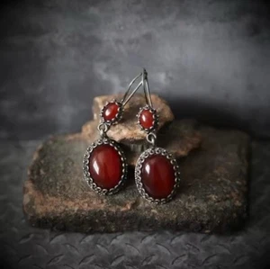 Garnet Imitation Inlaid Red Crystal Drop Earrings Vintage Style Boho Ethnic - Picture 1 of 10