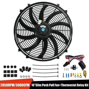 16" Electric 12V Radiator Slim Pull Fan 3000CFM 120W Thermostat Wiring Relay Kit - Picture 1 of 12