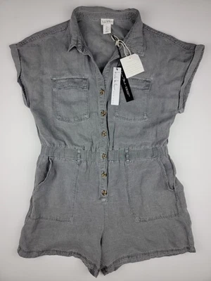 NEW Nicole Miller New York Linen Blend Romper Women's Large Gray Button Front - Image 1 of 4