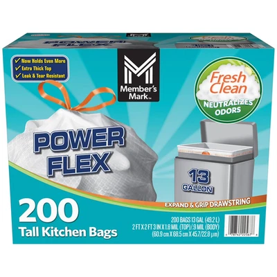 Member's Mark Power Flex 13-Gallon Tall Kitchen Trash Bags, Fresh Scent, 200 ct. - Image 1 of 4