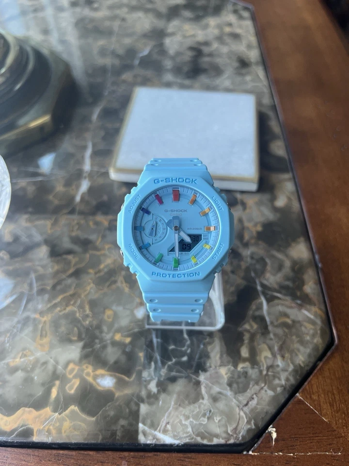 Marcadores de hora/índice personalizados Casio G-Shock GA-2100-2A2 azul y arco iris MOD de EE. UU. Foto 1 de 3