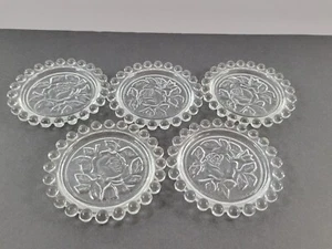 Set of 5 Vintage Clear Embossed Floral Glass Beverage Coasters Hobnail Trim - Picture 1 of 8