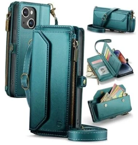 Crossbody Wallet Case Compatible with RFID Blocking 7-Card iPhone 14 Blue Green - Picture 1 of 7