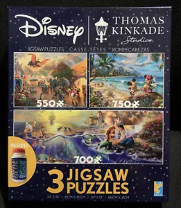 DISNEY THOMAS KINKADE 3 IN 1 BOX PUZZLES 550 + 700 + 750 PCS WITH PUZZLE GLUE - Picture 1 of 3