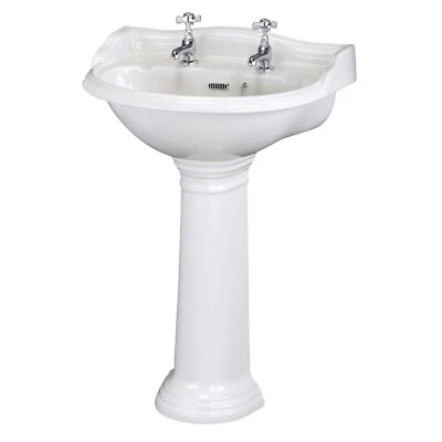 HUDSON REED Traditional 600mm Wash Basin & Full Pedestal 2 Tap Hole Ceramic Bathroom Sink